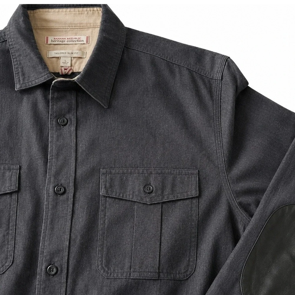 Banana Republic Heritage Slim Flannel‎ Shirt Mens L Gray Elbow Patch Button Up